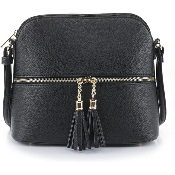 Lunar Lightweight Medium Dome Crossbody Bag in Black - Adjustable Tassel Purse